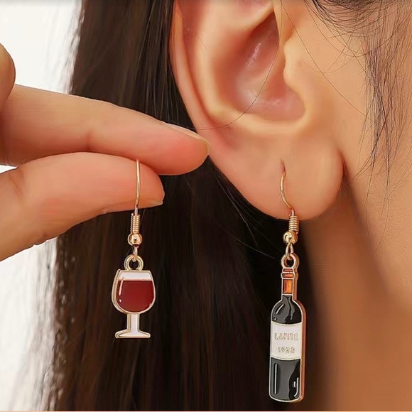 Wine and Glass Asymmetrical Earrings - Picture 1 of 3